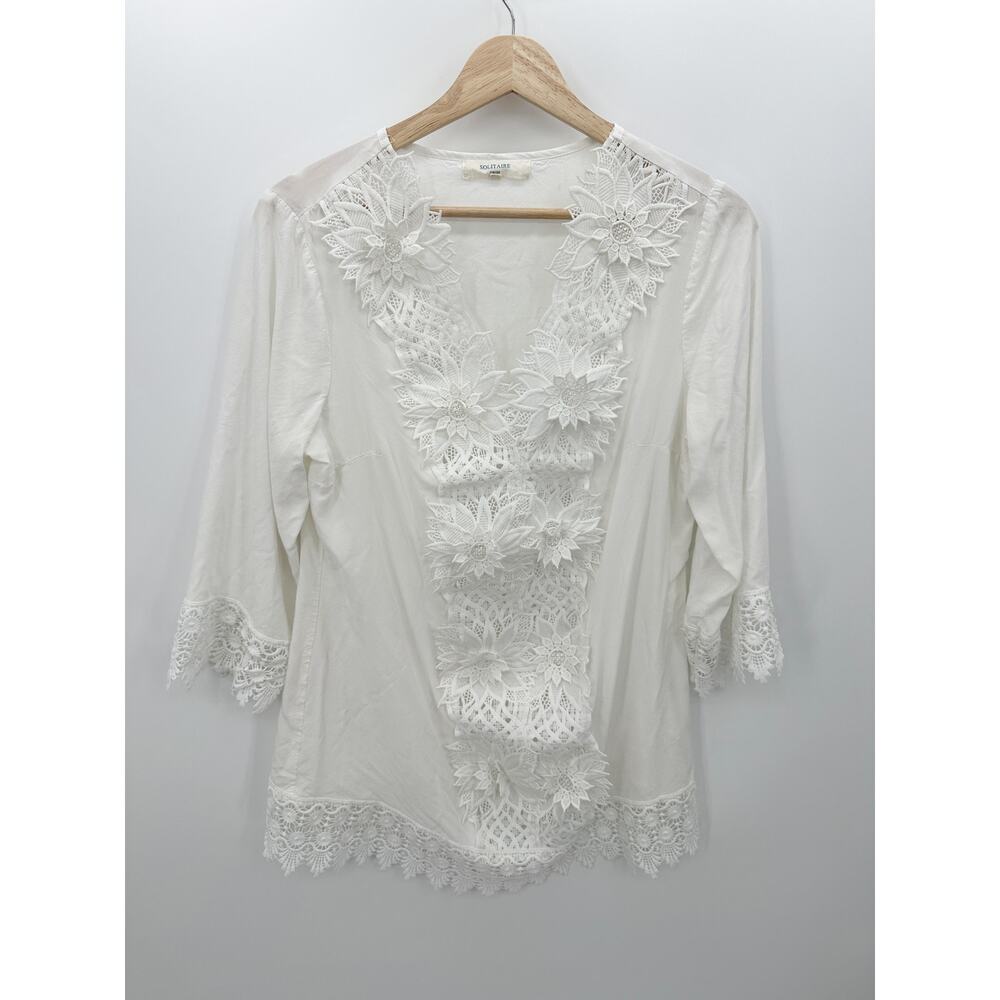 Solitaire Swim Cover Up Women Sz M White Crotchet Lace 3/4 Sleeve Beach Vaca